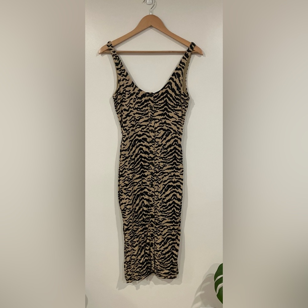 Good American Zebra Print Midi Dress – Button Front Stretch Knit Size Small